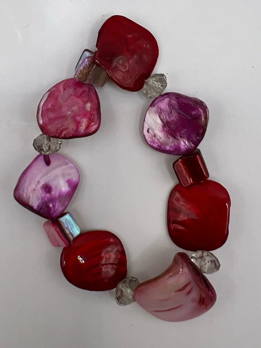 Vintage Pink Red Mother of Pearl Shell Nugget Stretch Bracelet